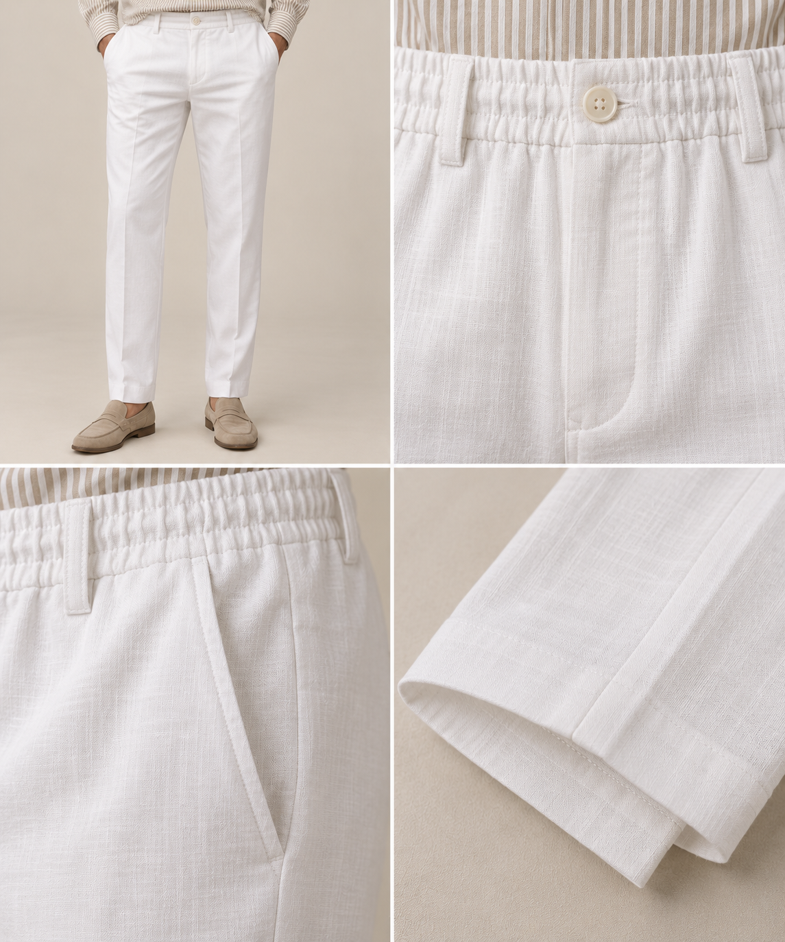 Beige Striped Shirt & White Pant Set
