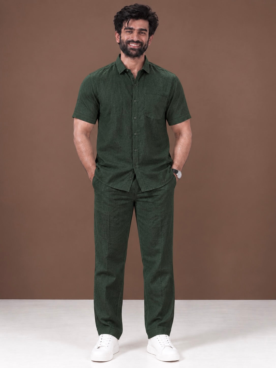 Green Linen Half Sleeve Shirt & Pant Set