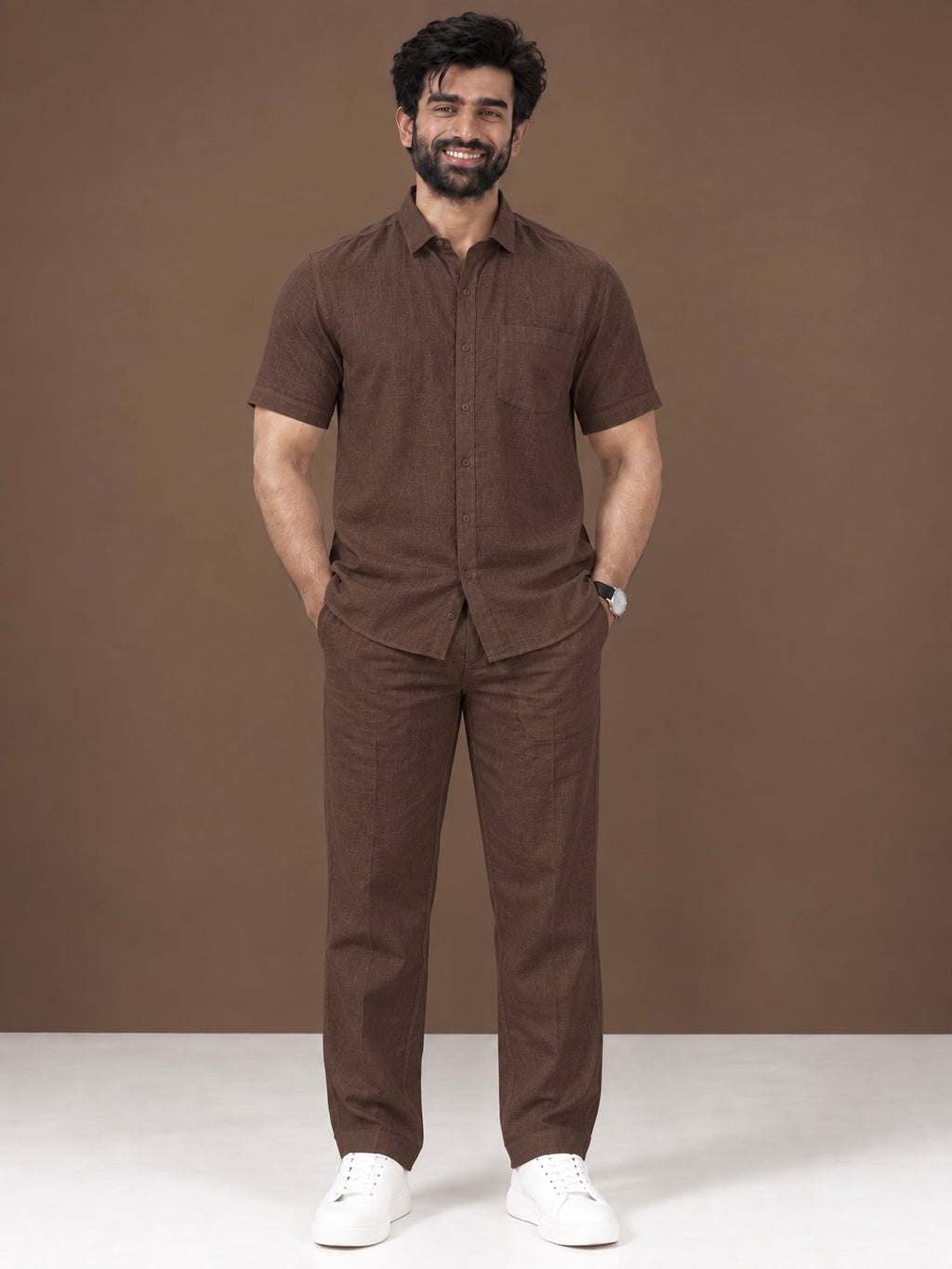 Brown Linen Half Sleeve Shirt & Pant Set