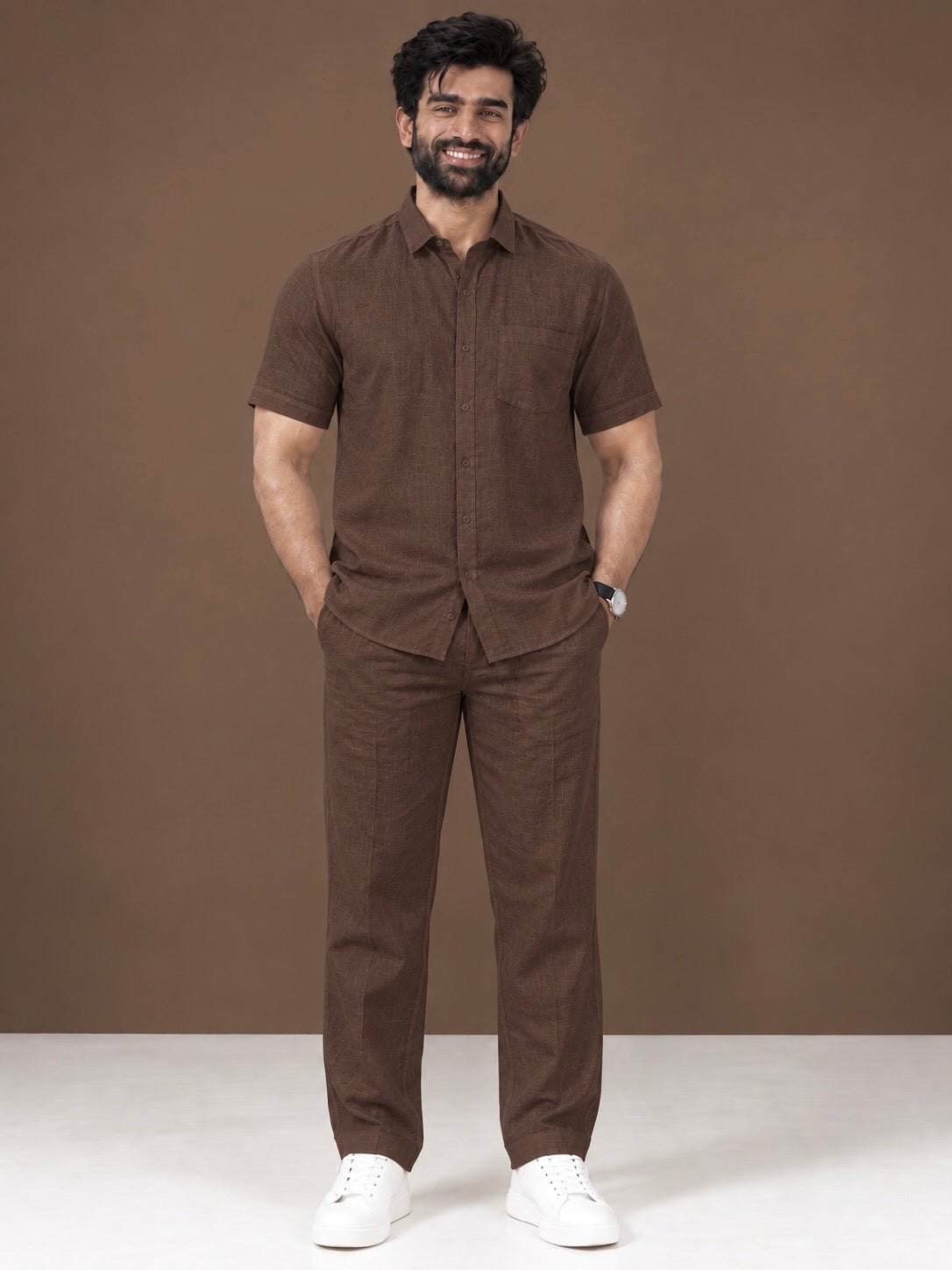 Brown Linen Half Sleeve Shirt & Pant Set