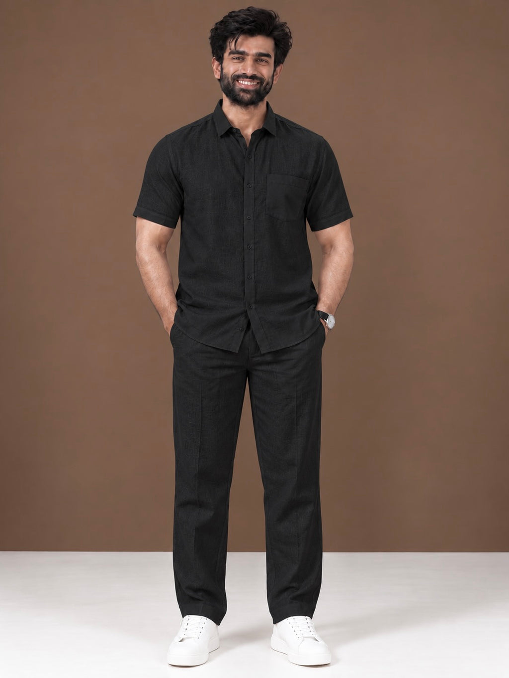 Black Linen Half Sleeve Shirt & Pant Set