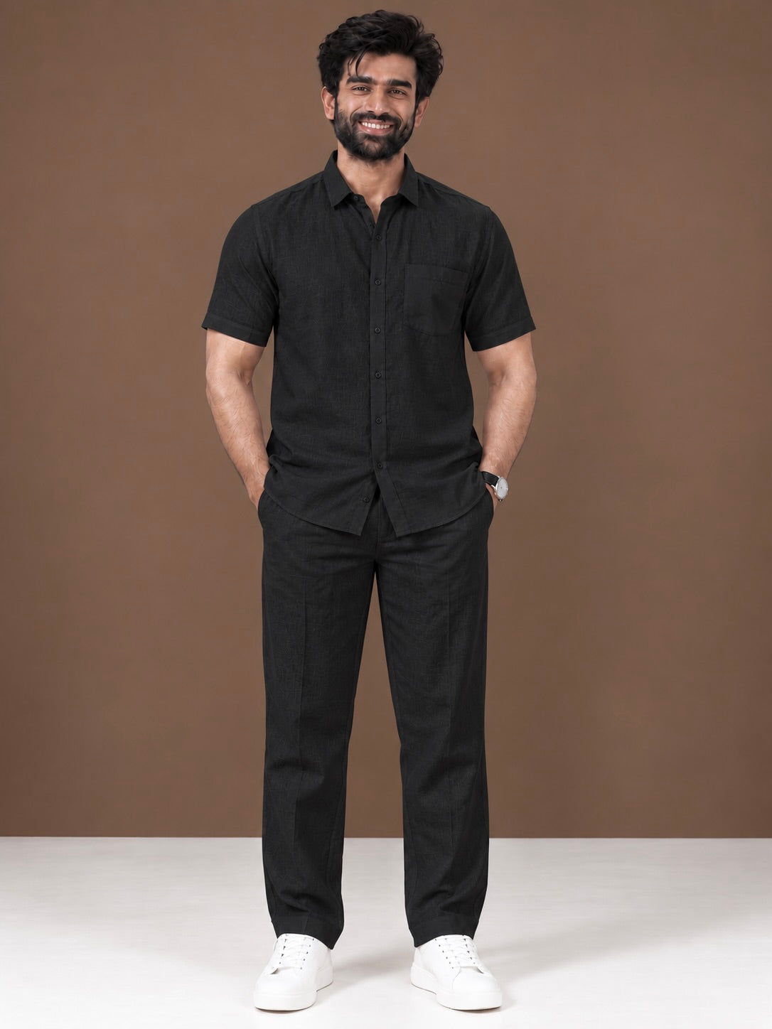 Black Linen Half Sleeve Shirt & Pant Set