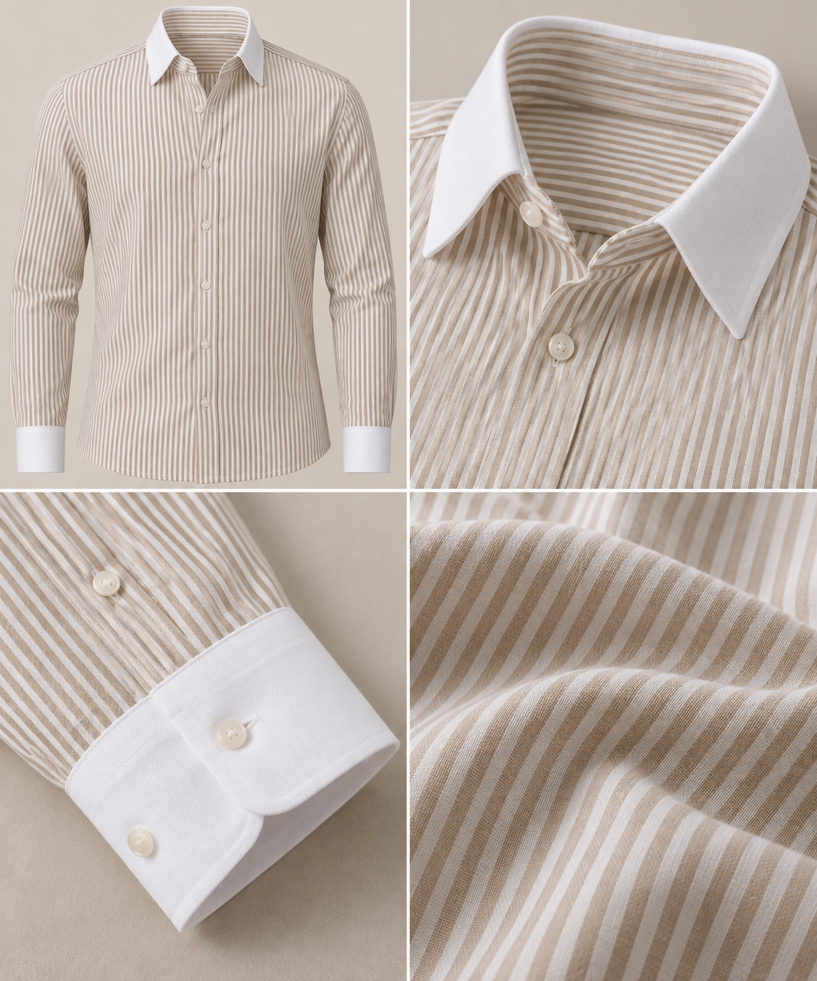 Beige Striped Shirt & White Pant Set
