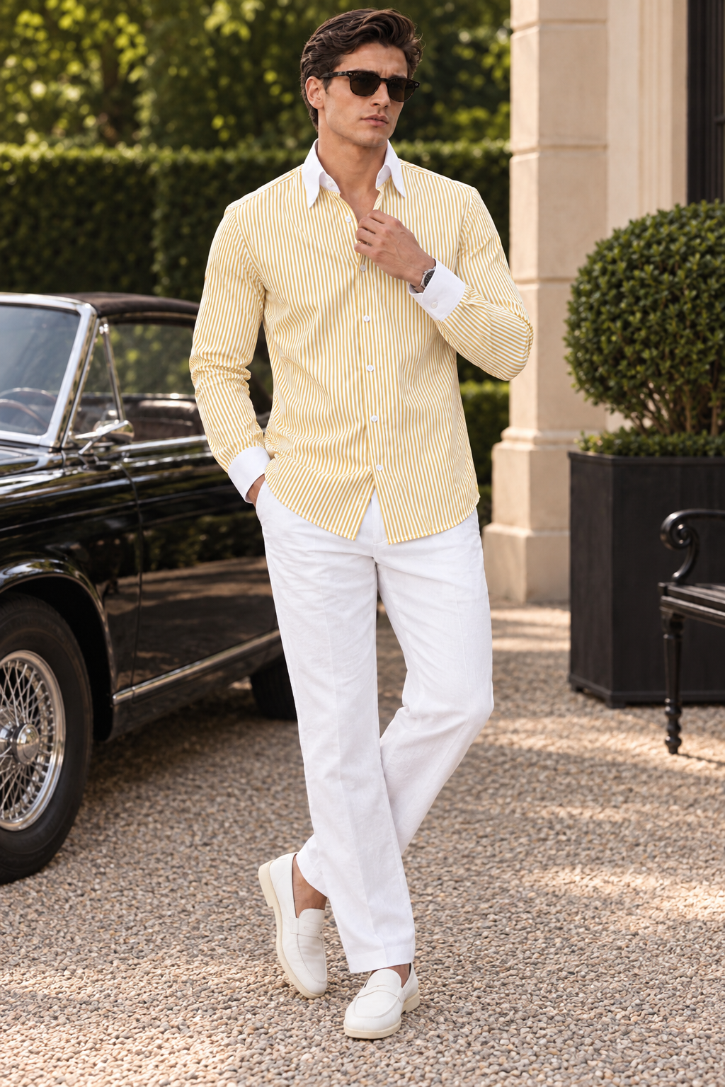 Yellow Striped Shirt & White Pant Set