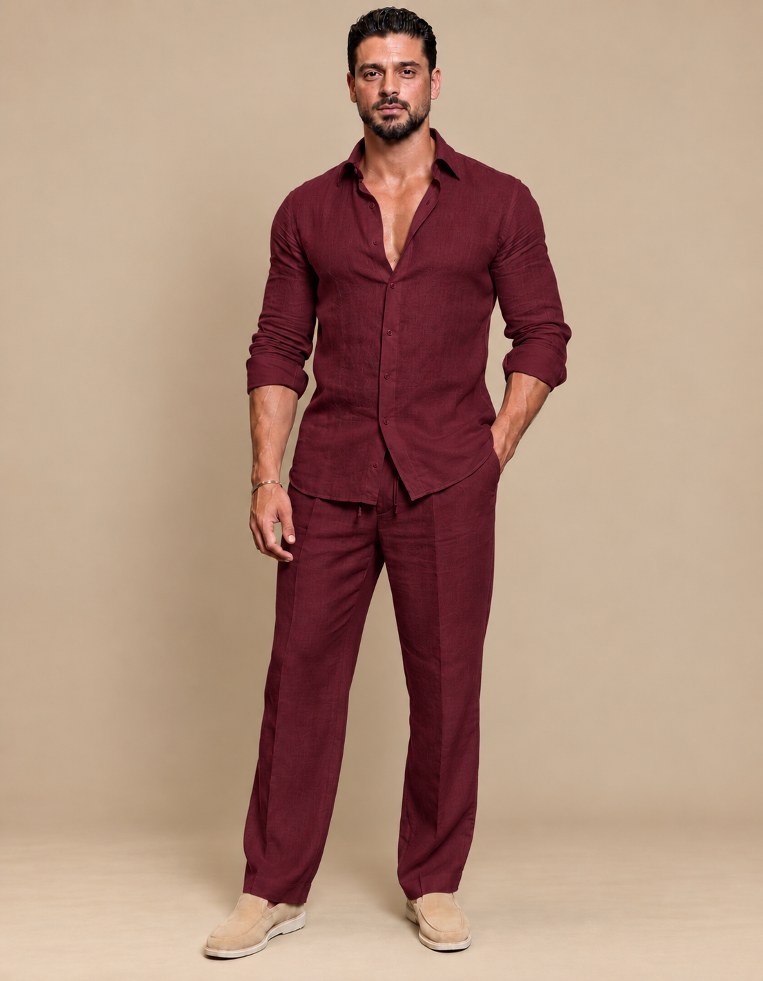 Maroon Linen Shirt & Pant Set