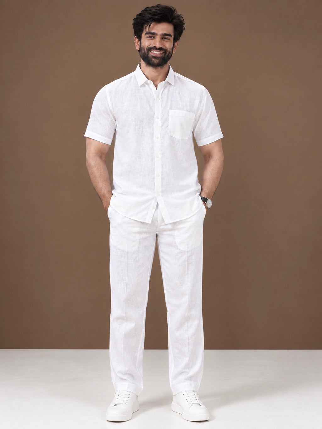 White Linen Half Sleeve Shirt & Pant Set
