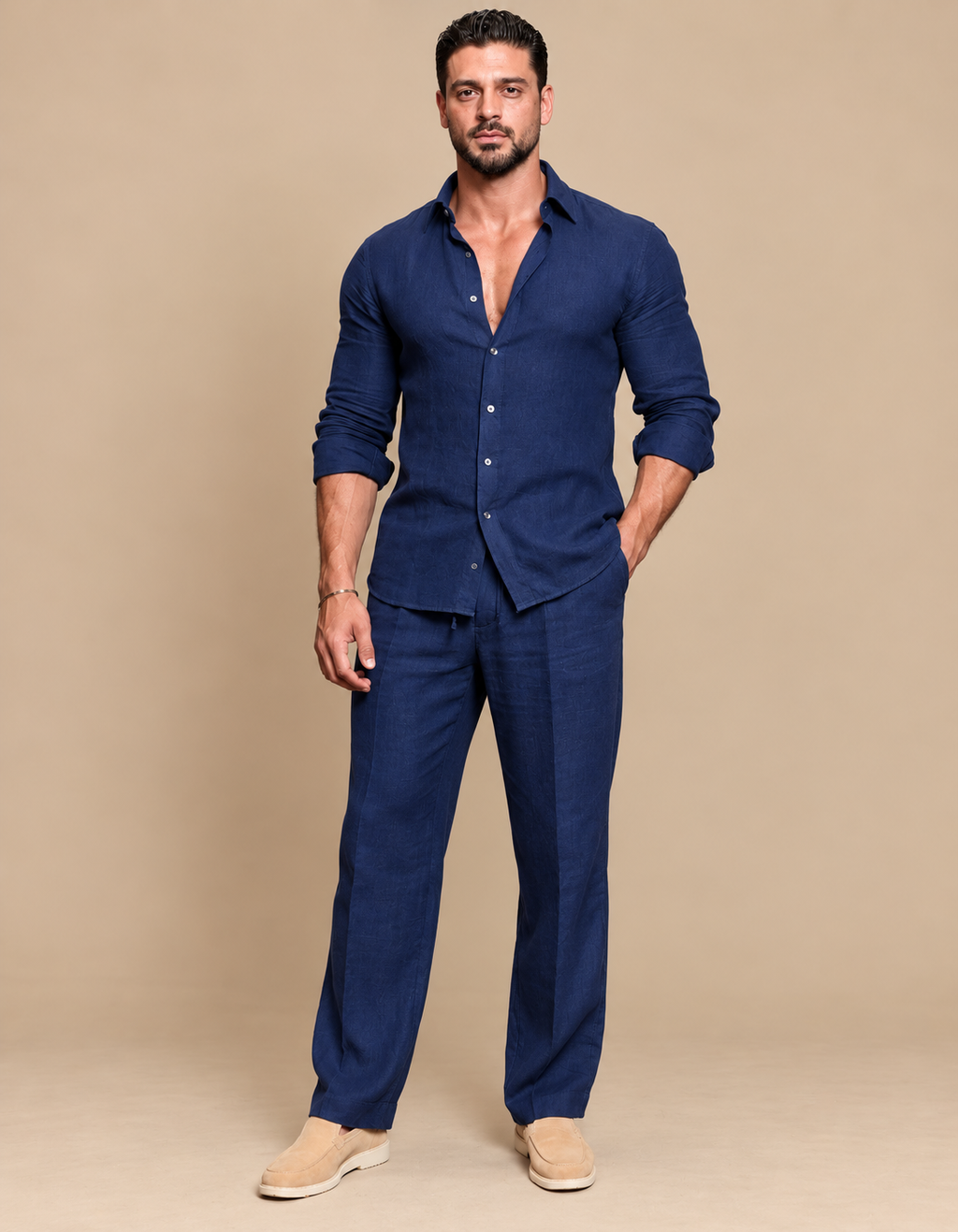 Navy Linen Shirt & Pant Set