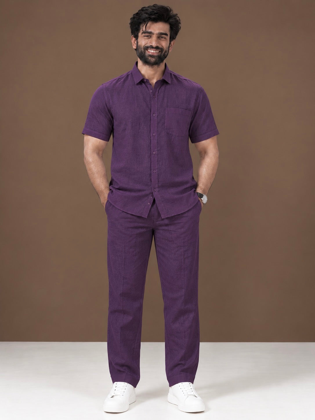 Purple Linen Half Sleeve Shirt & Pant Set
