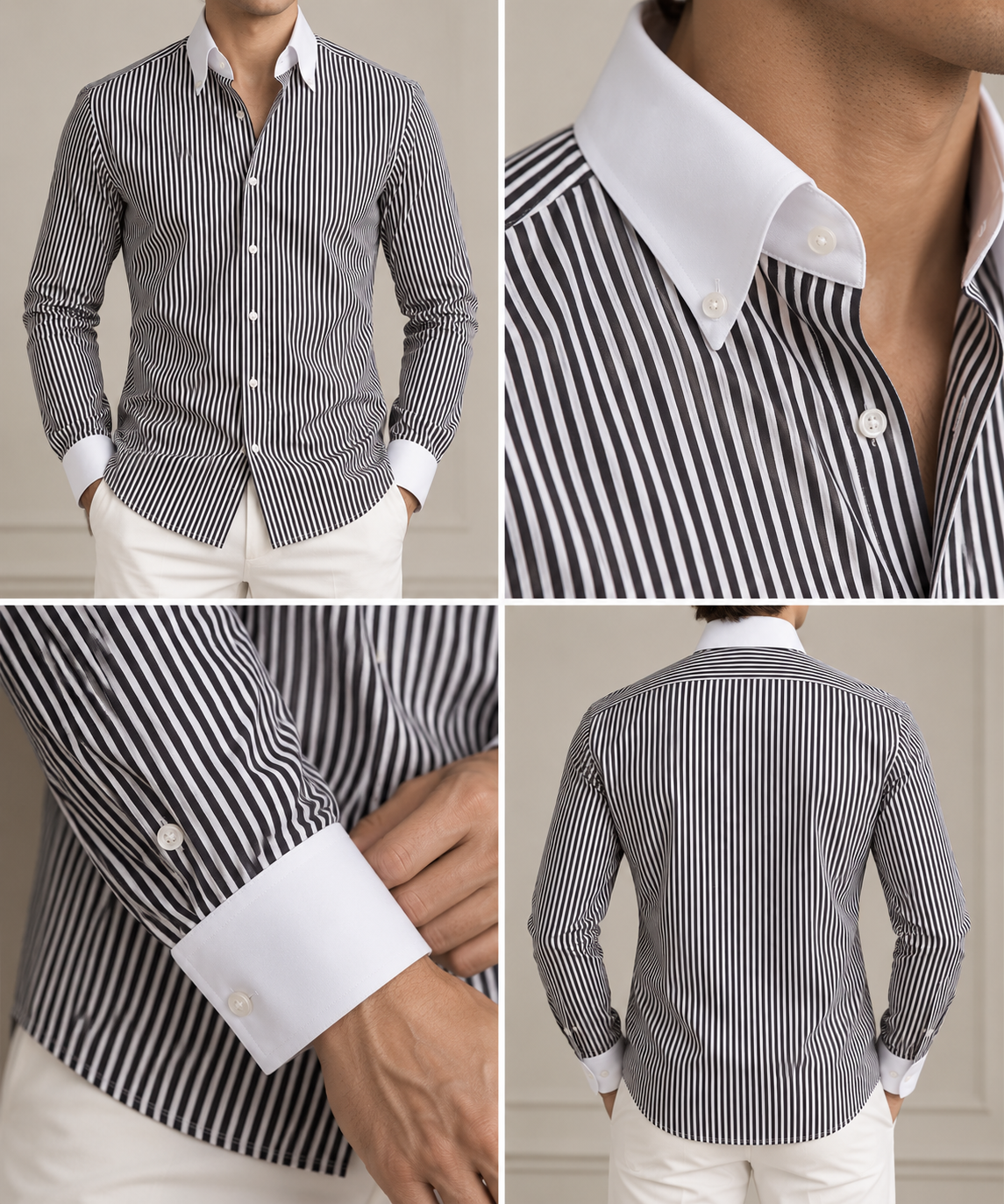 Black Striped Shirt & White Pant Set