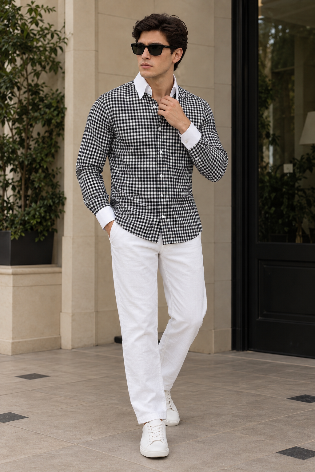 Black Checked Shirt & White Pant Set