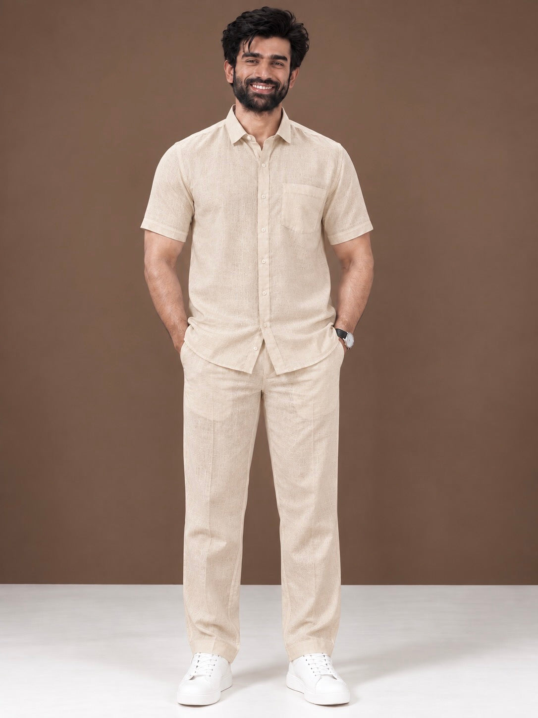 Beige Linen Half Sleeve Shirt & Pant Set