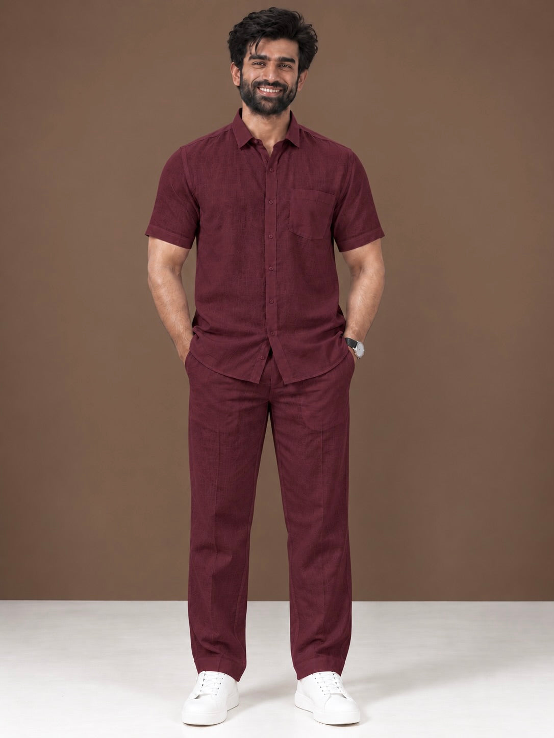 Maroon Linen Half Sleeve Shirt & Pant Set