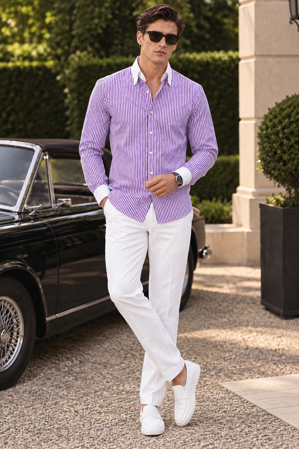 Purple Striped Shirt & White Pant Set