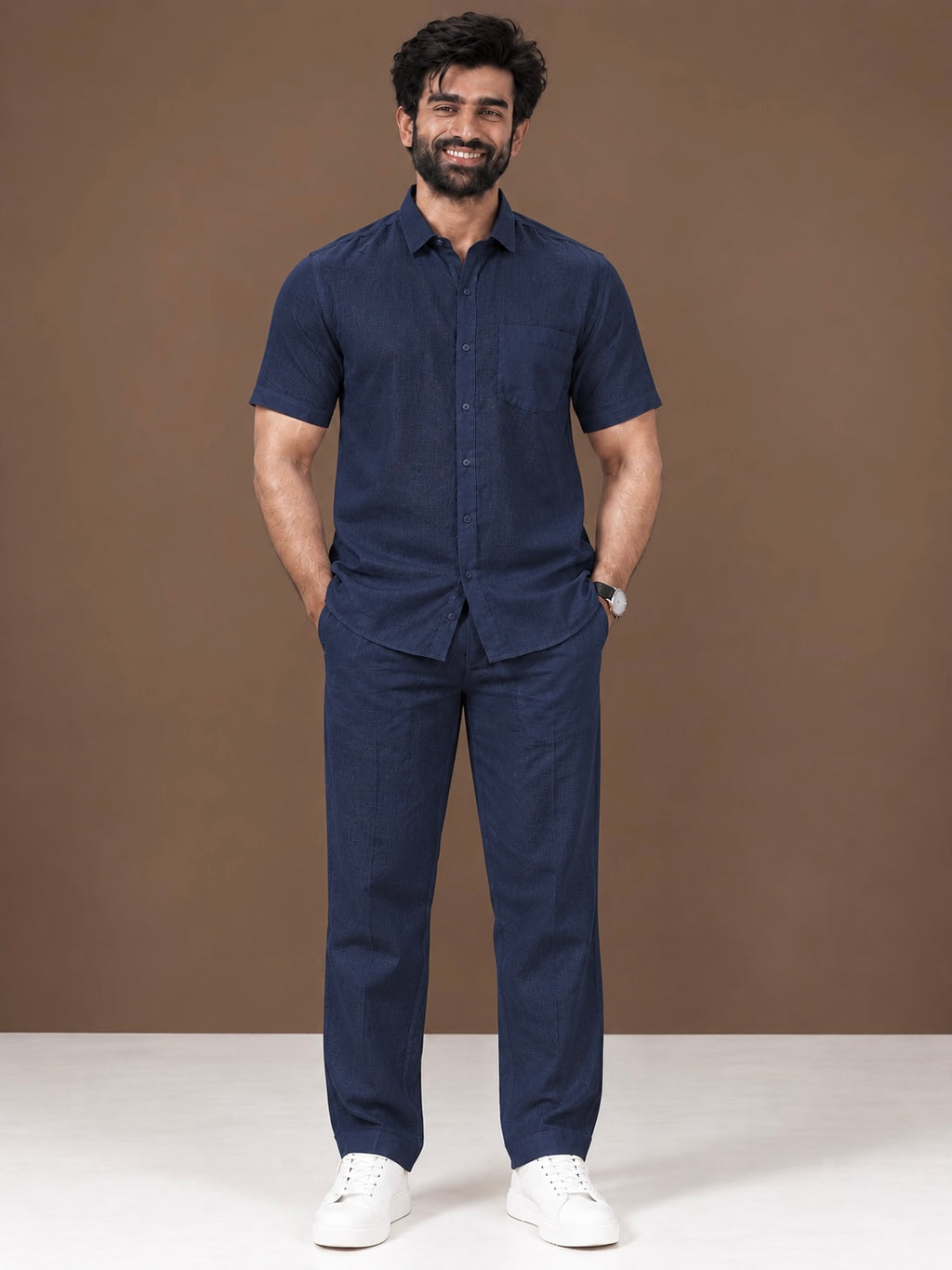 Navy Linen Half Sleeve Shirt & Pant Set