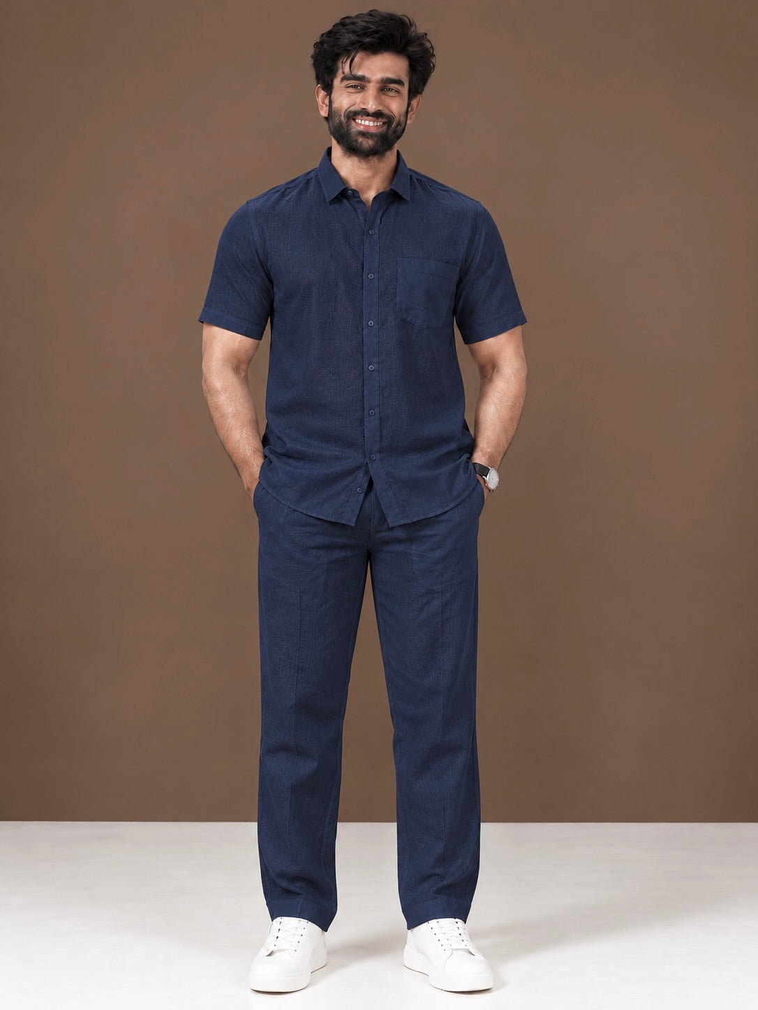 Navy Linen Half Sleeve Shirt & Pant Set